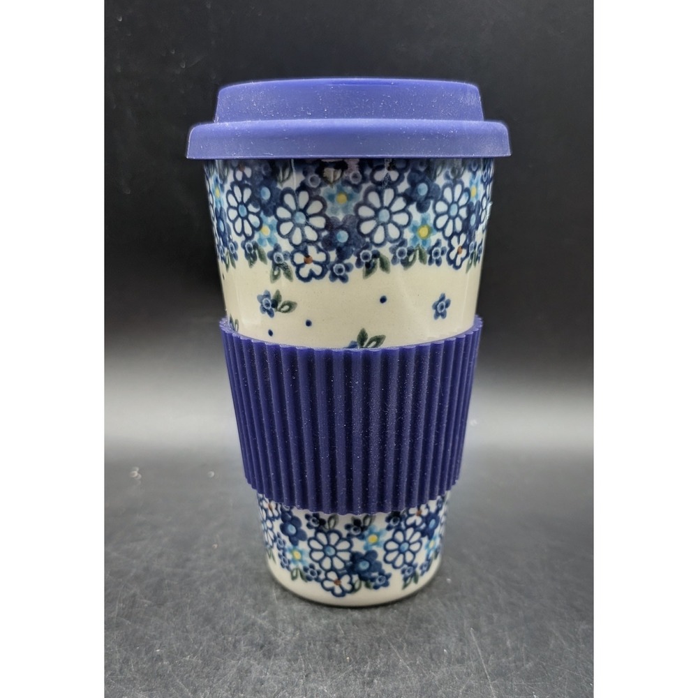 Polish Pottery Blue Daisy Thermal Travel Mug Silicone Lid Sleeve 559-U-453-Q1